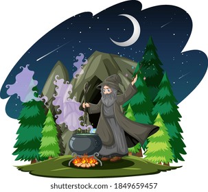 Wizard with black magic pot cartoon style on dark jungle background illustration