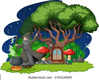 Wizard with black magic pot and tree house cartoon style on dark forest background illustration