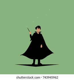 wizard in black robe with magic wand poster. vector Halloween illustration