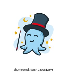 wizard blue baby octopus mascot character logo design illustration. magician octopus logo wearing magician hat and using wand 