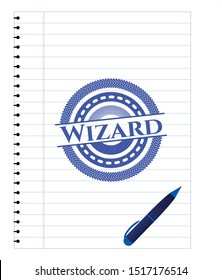 Wizard blue ink pen emblem. Vector Illustration. Detailed.
