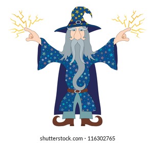 Wizard in blue starred costume standing with hands up and launches lightning, cartoon character. Vector