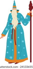 Wizard in blue starry robe holding a staff, long white beard, fantasy magician costume. Magical character, fairytale sorcerer, fantasy game wizard vector illustration