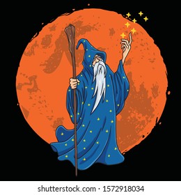 Wizard with Blue and Stars Clothes Character Design Cartoon with Moon Background Vector Illustration