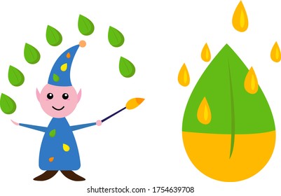 wizard in a blue suit with patterns of colorful leaves holds a wand in his hand and conjures colorizing nature concept of autumn and the golden season