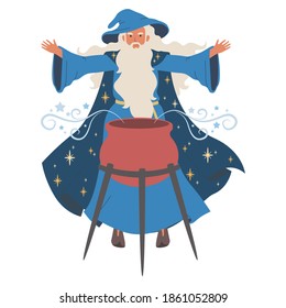 Wizard boils magic potion, icon isolated on white background. Vector illustration. Old magician with beard.