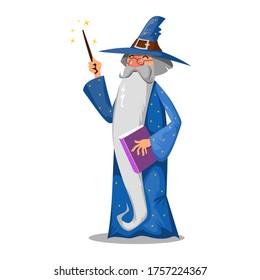 Wizard with book and magic wand cartoon style vector illustration. Magician in hat and with long beard flat design. Fairyland and magical concept. Isolated on white background