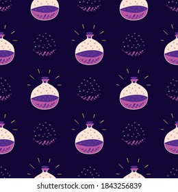 Wizard bottles seamless pattern Magic violet cartoon potion bottles Cute halloween dark background.