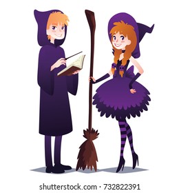 Wizard boy with book and magic stick. Witch girl with broom. Magician in robe with hood and Sorceress in striped stockings and magic hat. Halloween party. Vector illustration. Cute couple in costumes.