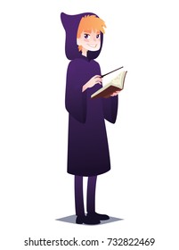 Wizard boy with book and magic stick. Cute young man in style of Magician in robe with hood going for Halloween party. Vector illustration in flat cartoon style on white background. Magic character.