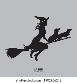 A wizard with a broom. Template for laser cutting, wood carving, paper cut and printing. Vector illustration.