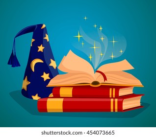 Wizard cap and book. Vector magic hat and stack of old book with open one illustration. Wizard accessory for magician spell and trick. Witchcraft mystery and miracle performance insignia
