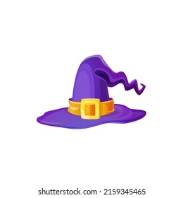 Wizard cap, cartoon headdress isolated purple witch hat with buckle, cartoon Halloween symbol. Vector magical sorceress costume, pointy cap of witch flat style. Halloween party masquerade accessory