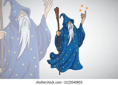 Wizard Cartoon with Blue and Stars Clothes Character Design Logo Mascot Vector Illustration