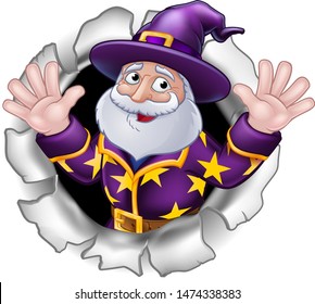 Wizard cartoon character breaking through background 