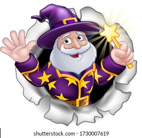 Wizard cartoon character breaking through the background holding a wand