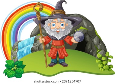 Wizard Cartoon Character with Cave illustration