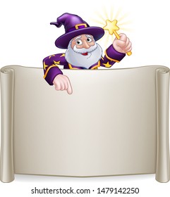 A wizard cartoon character holding a magic wand peeking over a scroll sign and pointing at it