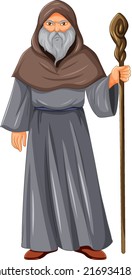 A wizard cartoon character holding staff on white background illustration