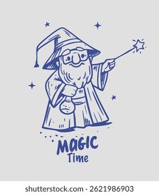 Wizard, cartoon character illustration, doodle, vector hand drawn, monochrome
