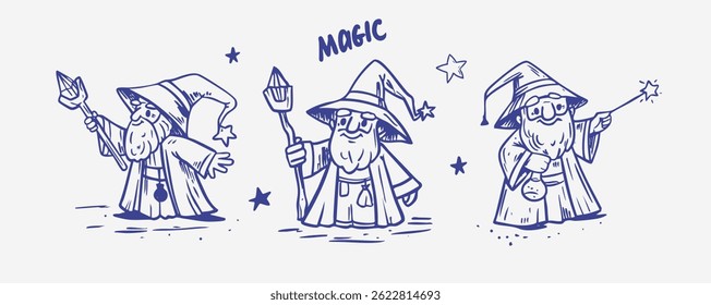 Wizard, cartoon character illustration, doodle, vector hand drawn, monochrome