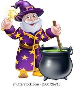 A wizard cartoon character mascot stirring a cauldron pot full of magic potion