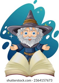 Wizard Cartoon Character with Open Book illustration