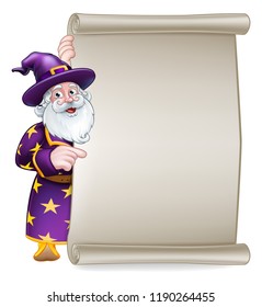 A wizard cartoon character peeking around a scroll sign and pointing at it