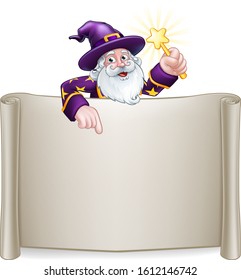 A wizard cartoon character peeking over a scroll sign and pointing at it