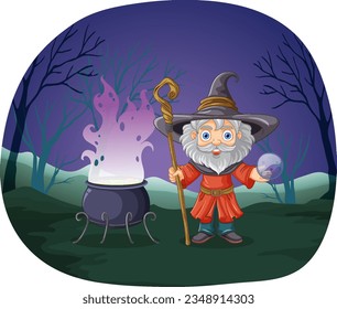 Wizard Cartoon Character with Potion Cauldron illustration