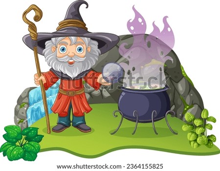 Wizard Cartoon Character with Potion Cauldron illustration
