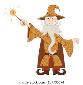 Wizard, cartoon character, in starred costume standing and launching bright stars and rays from his magic wand. Vector