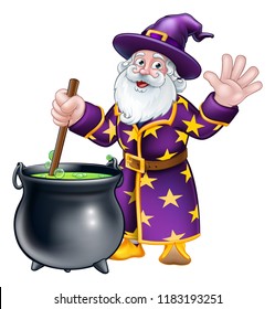 A wizard cartoon character stirring a cauldron pot full of magic potion