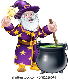 Wizard cartoon character stirring a cauldron pot full of magic potion