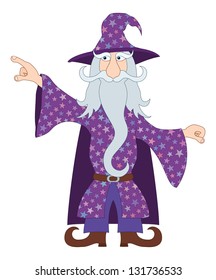 Wizard, cartoon character, in violet starred costume standing and pointing his finger at something. Vector