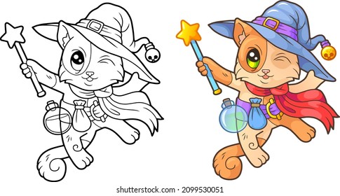 wizard cartoon cute cat, coloring book, funny illustration