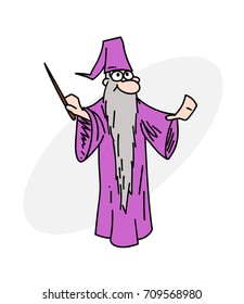 Wizard cartoon hand drawn image. Original colorful artwork, comic childish style drawing.