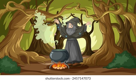 A wizard casting spells beside a bubbling cauldron.