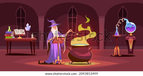Wizard castle.\
Magical laboratory interior. Sorcerer brews magic potion in tower.\
Spell books and distillation flask on table. Magician with magic\
wand and cauldron. Vector\
concept
