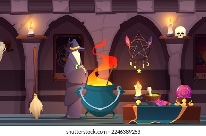 Wizard in castle. Old mystery alchemist in magical laboratory interior, cartoon magician character in witch hat with witchcraft tools. Vector of old wizard magic, mystery castle illustration