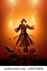 Wizard casts enchanted powerful spell, vector illustration