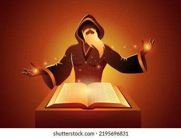 Wizard casts his magic by reading a spell book, vector illustration