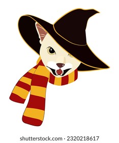 Wizard cat with black hat and red golden scarf