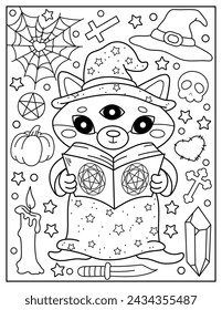 A wizard cat, a magician with a hat.Coloring book for children. Coloring book for adults. Halloween.