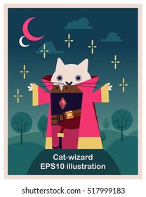 Wizard cat in pink cloak illustration. EPS 10.