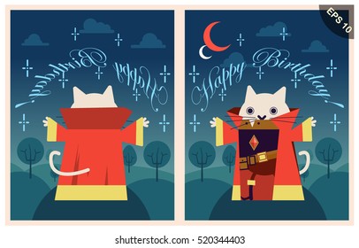 Wizard cat in red cloak happy birthday. EPS 10.