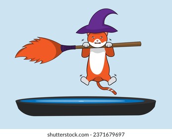 Wizard cat tries to fly using a broomstick, halloween vector cat