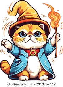 Wizard cat vector illustration Sorcerer cat