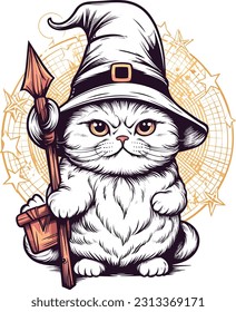 Wizard cat vector illustration Sorcerer cat