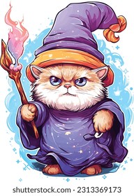 Wizard cat vector illustration Sorcerer cat